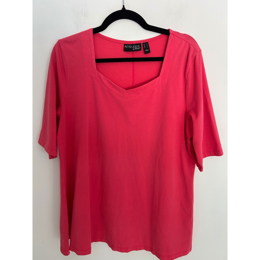 Attitudes by Renee Pink Short Sleeve Square V-Neck Cotton‎ Spandex Top Large